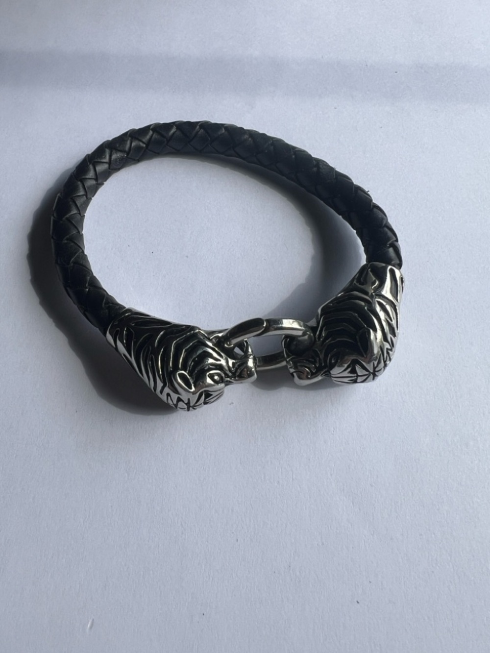 Tiger Head Braided Genuine Leather Men's Bracelet Stainless Steel Clasp